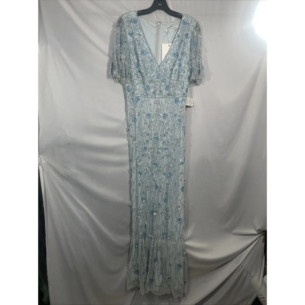 NWT Mac Duggal [ 8 ] 35110 Embellished V Neck Empire Waist Ruffle Hem Gown J1854